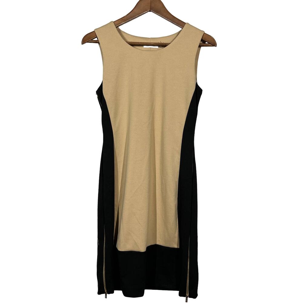 Calvin Klein Sheath Dress Colorblock Black Tan Sleeveless - 4